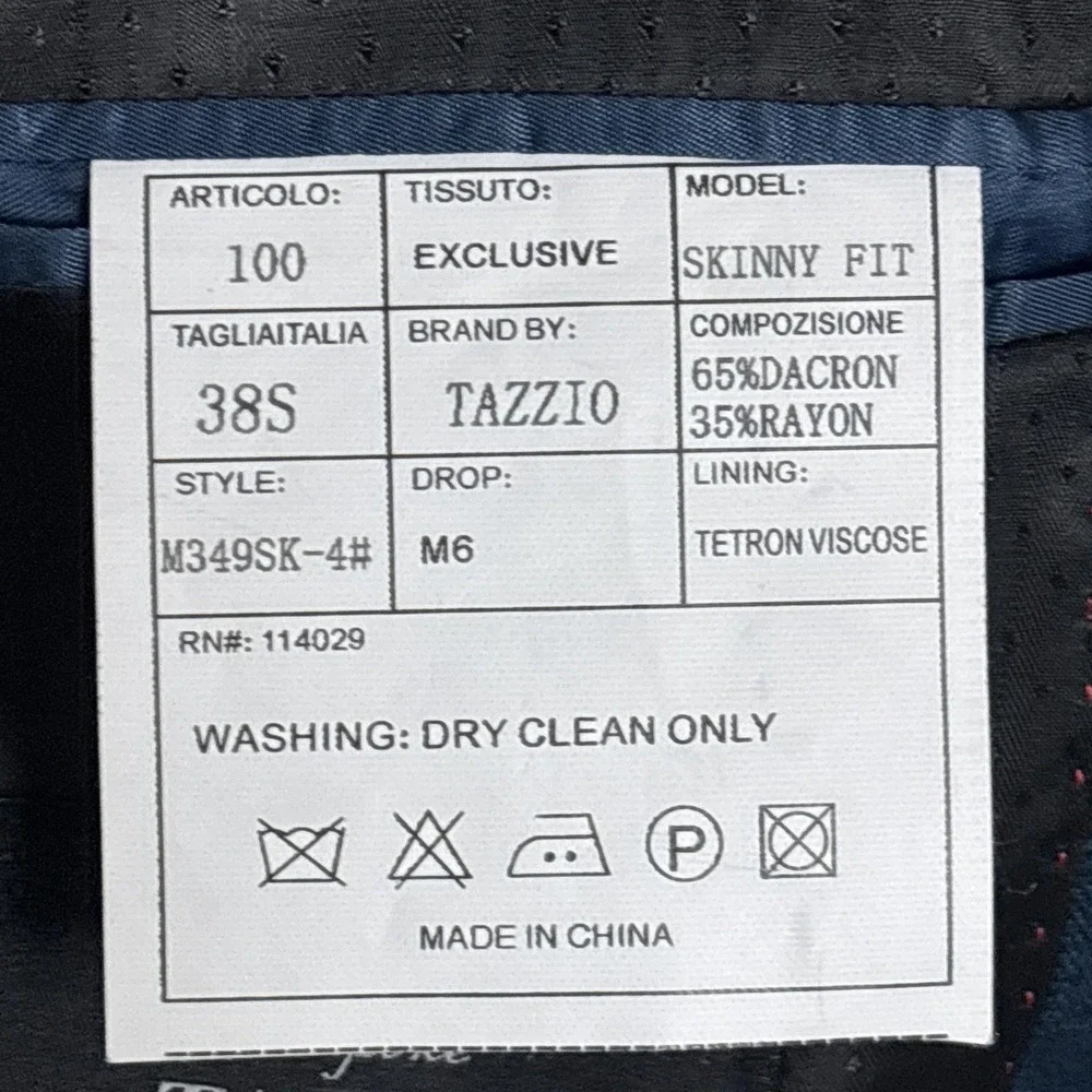 Tazzio Suit 38S 32W Skinny Fit Slim Blue Classic Bespoke Blaser Pants